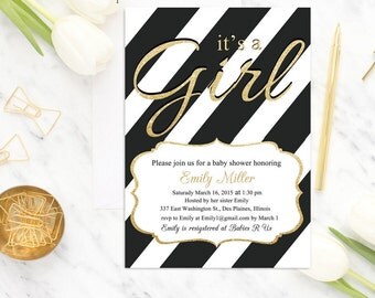 Black White Baby Shower Invitation It's a Girl Baby Shower Invite, Girl Baby Shower Invitation, Gold Glitter, Modern, Digital or Printed