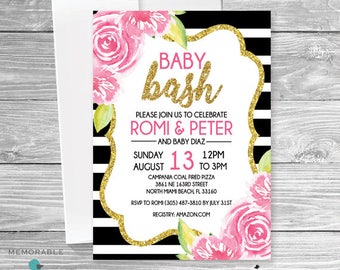 Kate Spade Inspired Baby Shower Invitation - Baby Bash, Gold and Flowers Baby Shower, Baby Shower Invitations, Invites, Printable