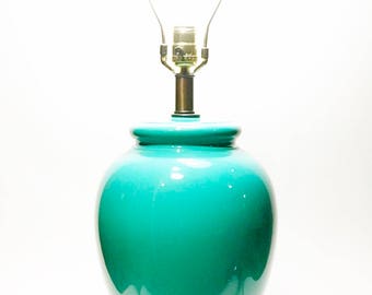 Morris Greenspan Glazed Blue-Green Ceramic and Brass, Table Lamp, Hollywood Regency
