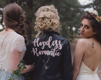 Black Hopeless Romantic' Hand Painted Faux Leather Jacket Black Customizable Vegan