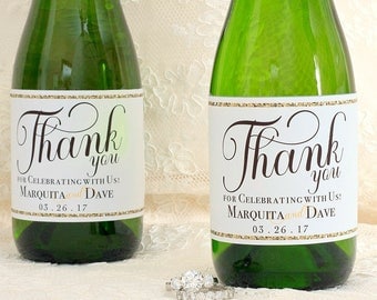 Wedding Mini Champagne Bottle Labels. Thank You For Celebrating With Us Stickers. Gold Glitter Wedding Favor. Wedding Guest Welcome Bag Gift