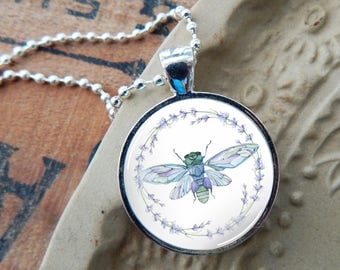 Dragonfly Necklace, Dragonfly and Lavender Glass Pendant, Dragonfly and Flowers Pendant, Watercolor Dragonfly Pendant
