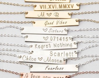 Personalized Bar Necklace On Plain Chain, Custom Name Bar Necklace, Gold Bar Necklace, Monogram, Layered Necklace, Bridesmaid Gift H530