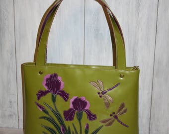 Green leather bag - Leather handbag - leather handbag handmade - bag with flowers - bag with irises - bag with dragonflies