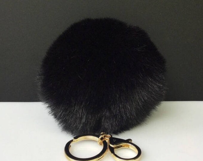 NEW! Faux Rabbit Fur Pom Pom bag Keyring Hot Couture Novelty keychain pom pom fake fur ball in black