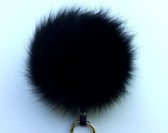 Fox Fur bag charm, fur pom pom keychain, fur ball keyring purse charm Black