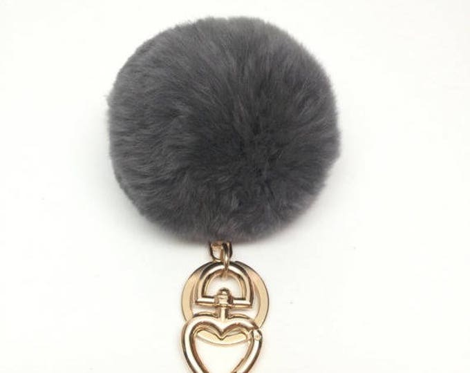 Heart Fur Pompom Keychain Rabbit Fur Ball Bag Charm Dark Grey