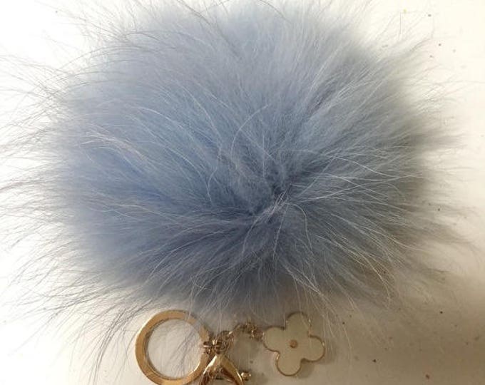 Baby blue Raccoon Fur Pom Pom luxury bag pendant + flower keychain ring chain bag charm