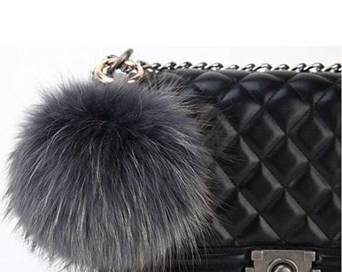Dark Grey with natural markings Raccoon Fur Pom Pom luxury bag pendant keychain fur ball puff