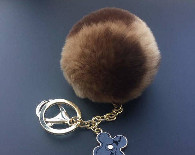 Brown Beige Rabbit fluffy ball furkey fur ball pom pom keychain for car key ring Bag Pendant