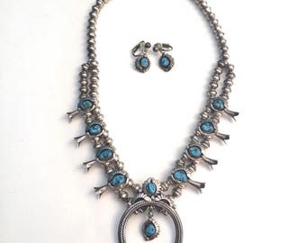 Turquoise Squash Blossom Necklace/Earrings Set/ Stamped Sterling and Signed by Willie Haley