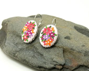 Pink flower earrings, colorful flower earrings, delicate dangle earrings, anniversary gift for her, charm earrings, special occasion
