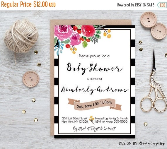 20% OFF Watercolor Flowers Baby Shower Invitation , Black and White Stripes Baby Shower Invitation , Spring Baby Shower Invitation , Printab Il_570xn