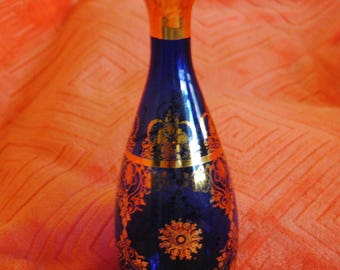 Vintage 9 1/2" Tall Cobalt Blue with Gold Design Vase