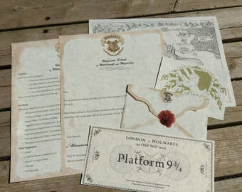 Parchment Hogwarts Acceptance letters with house crest, Hogwarts map and Platform 9 3/4 ticket