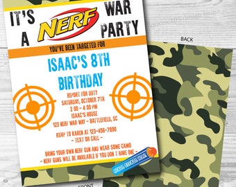 Nerf Invitation Front & Back Printable - Nerf Invite - Printable Nerf Party - Nerf Wars Party - Nerf War - Can be customized for any event