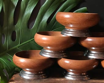 Vintage Set of Six Chrome and Teak Salad Bowls
