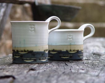 Stoneware Pottery Mug, Coffee Mug, Hand Painted Mug, Ocean Theme Mug, Boats Teacup, White and Blue Mug, Stoneware Mug, Ceramics and Pottery