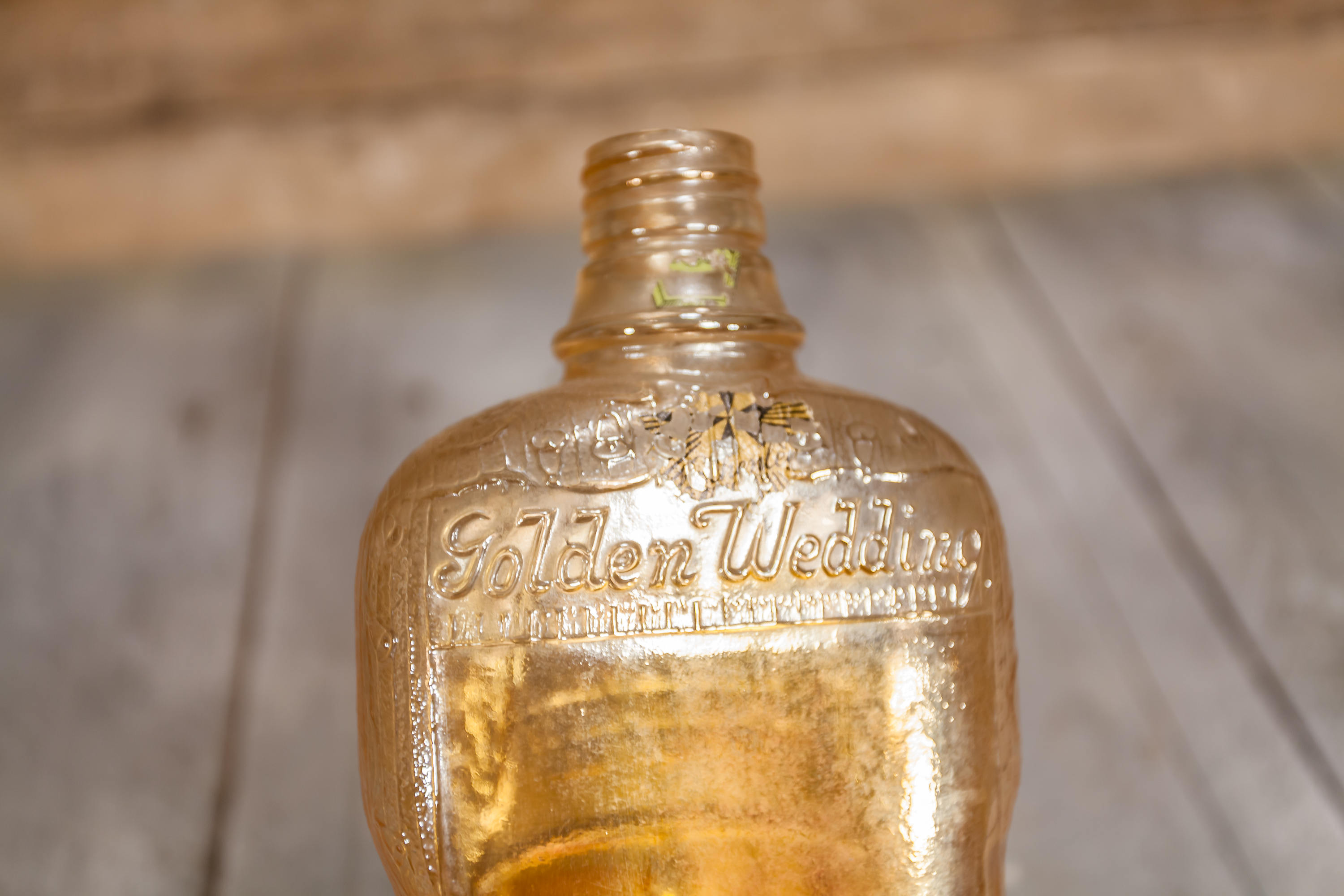 Vintage 1940s Golden Wedding Carnival Glass Whisky Bottle, Wedding