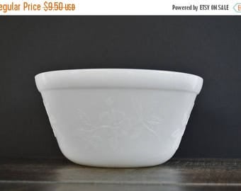 CLEARANCE SALE Vintage Milk Glass Floral Mixing Bowl / Embossed Flower Design / Glasbake / Unmarked / White Serving Bowl / Mid Century Kitch