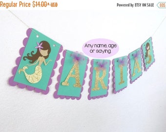 ON SALE Mermaid Banner, Under The Sea Banner, Mermaid Name Banner, Mermaid Birthday Banner, Lavender And Aqua Birthday Banner, Gold Mermaid