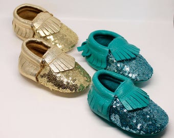 FREE SHIPPING! Sequin Baby Moccasins // Gold Sequin Moccasins // Mermaid Party // Toddler Moccasins // Baby Girl Shoes // Baby Mocassin
