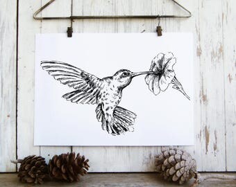 Hummingbird Poster, Woodland Animals, Bird Print, Black And White Sketch, Hummingbird wall hanging, Nature Print, Original art, Pen And Ink