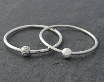 Thin Sterling Silver Fidget Ring Set of Two - Petite Stackable Silver Fidget Ring, Worry Ring - Silver Spinning Bead Ring, Small Bead Ring