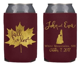 Fall in Love Wedding Can Cooler, Personalized Wedding Can Cooler, Wedding Favor, Rehersal Favor, Fall Wedding, Fall, Any City and State!