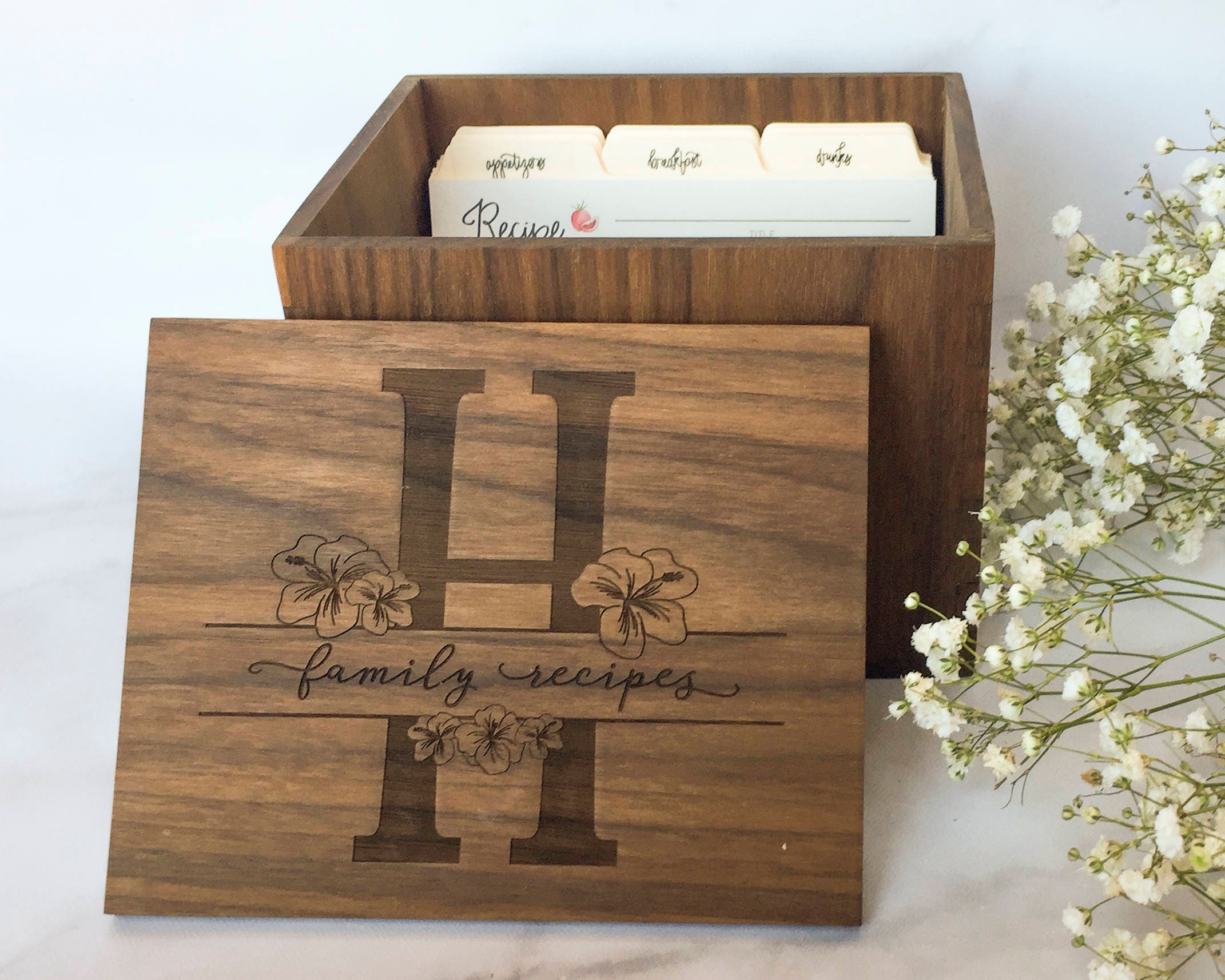 Engraved floral monogram recipe box personalized recipe box