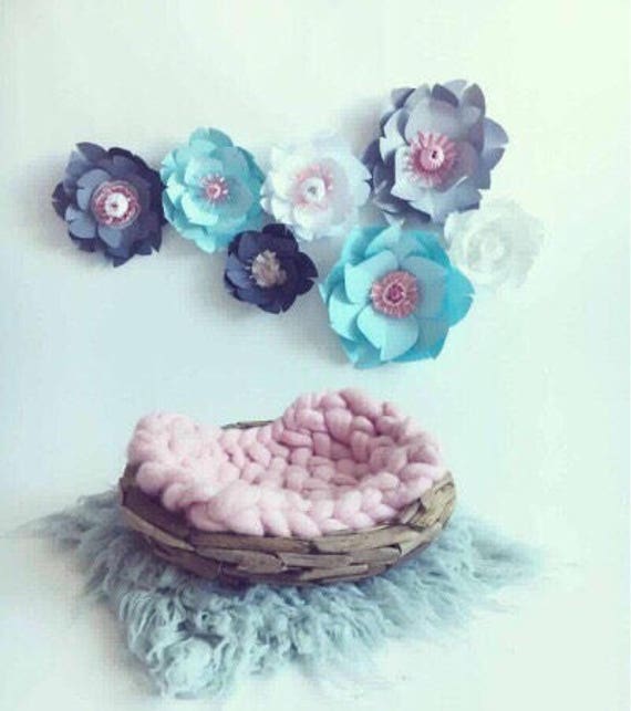 Large paper flowers light blue room wall decor baby girl