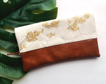 Canvas Gold Leaf Fold Over Mini Clutch with Tan Vinyl Bottom