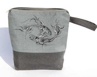 Gray Linen: Make Up Bag with Hand Painted Fish, Organic Gray Horoscope Zippered Make Up Pouch, Large Cosmetic Toiletries Case/ Beauty Bag