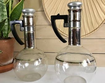 Midcentury glass carafe / decanter / silver clear midcentury carafe / small glass coffee carafe /