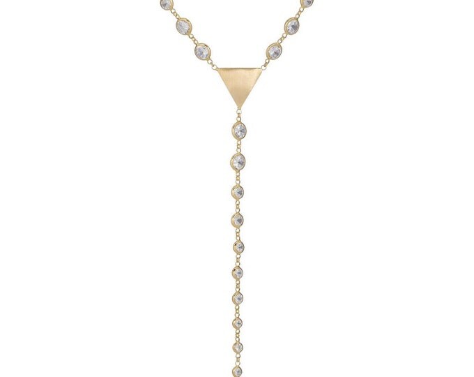 Tri stone lariat necklace, CZ Stone Lariat Wedding Necklace, Gold Plated Diamond Y Necklace, Girlfriend Gift, Wedding Lariat Necklace