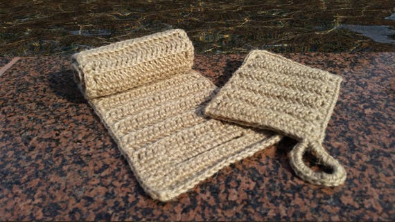 Eco-friendly bath/shower SPONGE SPA SET, bath mitt and crochet long sponge, 100 % natural jute