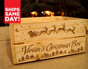 Personalized Christmas Crate Wood ENGRAVED Small Medium Gift Box Custom Name Santa Claus Sleigh Scene Merry Christmas Eve Santa Monogrammed