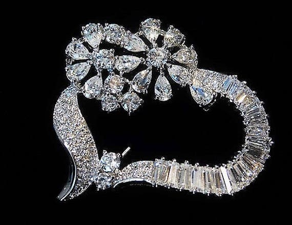Cubic Zirconia Heart Brooch / CZ Heart Brooch / Baguette Heart / Sterling Silver / Wedding Brooch / Bride Bridal / Christmas