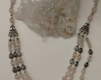 Three Strand Rose Quartz Necklace and Earring Set