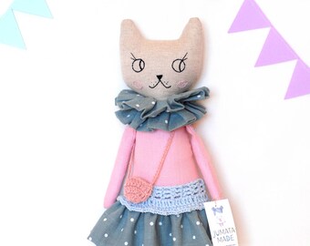 Pink modern cat cloth doll, cat rag doll. Hand made stuffed cat toy, linen kitty, heirloom doll, soft fabric animal, made to order, jumata