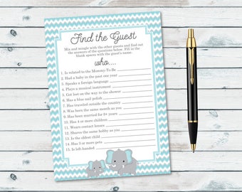 Baby Shower Find The Guest Game, Elephant Guest Game Printable, Ask The Guest, Icebreaker Baby Shower Game, Blue Elephant