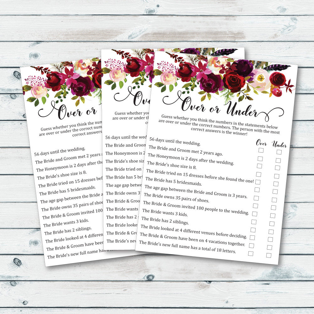 Over Or Under Game Printable Floral Bridal Shower Games