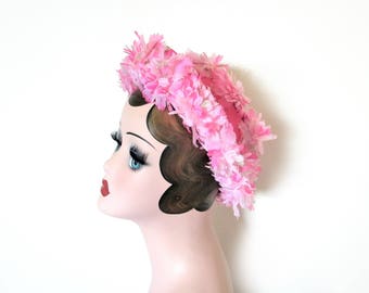 Vintage Pink Floral Breton Hat~ Circa 1960's