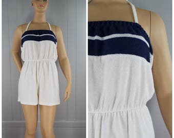 Vintage Womens 1980s White and Navy Blue Stripe Terry Cloth Halter Cover Up Romper | Size L (or M/L)