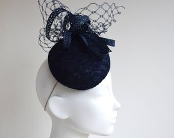 Navy Chantilly Lace Hat - Navy Fascinator- Navy Percher Hat - Navy Cocktail Hat - Navy Blue Wedding Hat - Navy Race Day Hatinator - Bella