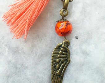 Angel wing, beads and tassel necklace orange