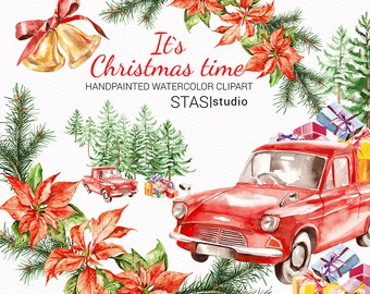 Christmas Clipart Watercolor Christmas Truck Pine Trees Forest Christmas Tree Spruce Christmas Wreath Bell Presents Christmas Gifts Clipart