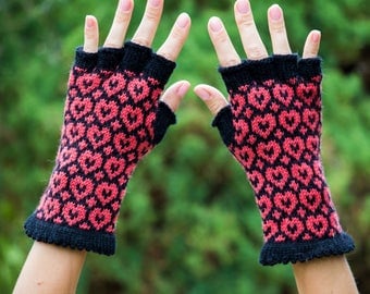 Alpaca wool gloves Half finger gloves Womens clothing black and red heart glove fingerless glove valentines day gift|for|her valentines gift