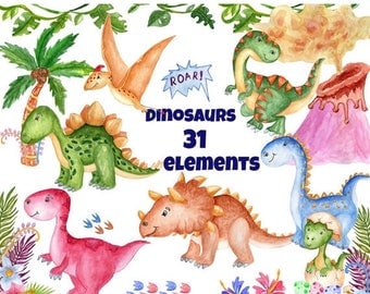 SALE30% Watercolor Dinosaur Clipart: "CUTE DINOSAUR" Kids clipart dinosaur party invites Dino clipart Invitation clipart T Rex Prehistoric