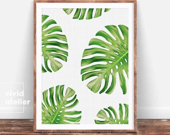 Monstera Leaf Print, Digital Download, Wall Decor, Tropical Print, Home Decor, Botanical Wall Print, Plant Leaf Print, Botanical Leaves Art